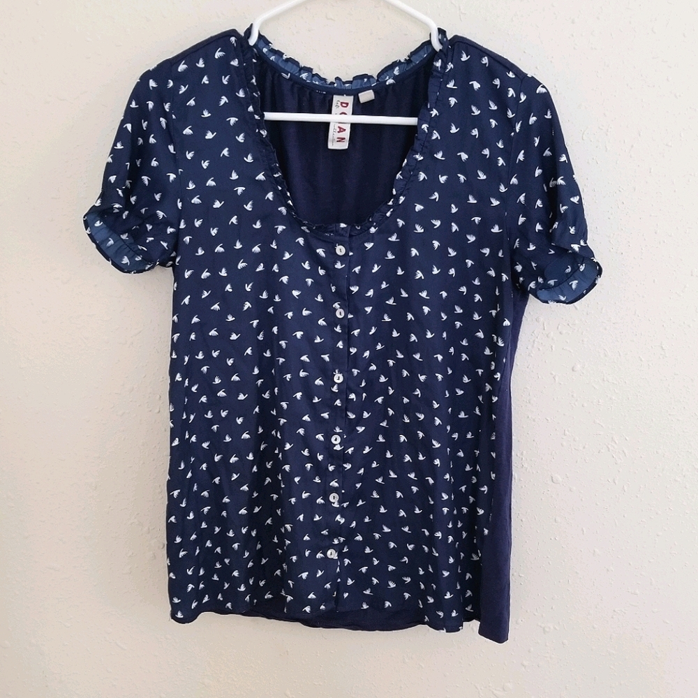 Dolan Bird Printed Faux Button Down Blouse